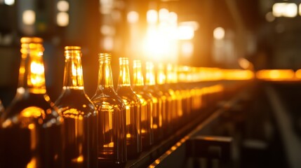 Obraz premium Bright Glass Bottles on Production Line in Industrial Facility