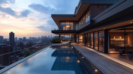 Obraz premium Modern Luxury Penthouse With Rooftop Pool And City View Photo