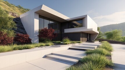 Modern urban exterior with clean lines, integrated landscaping, and a minimalist, futuristic design. 