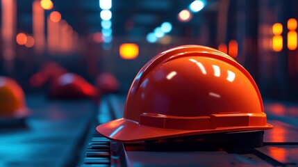Bright Orange Safety Hard Hat on Industrial Production Floor