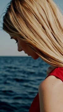 Thoughtful Young Woman Looking at Sea Horizon