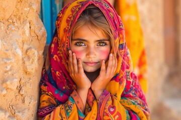 A young girl in a colorful shawl leaning against a wall with her hands on her face