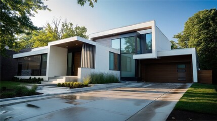 Modern urban exterior with clean lines, integrated landscaping, and a minimalist, futuristic design. 
