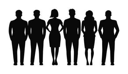 Vector silhouettes of men and a women, a group of standing business people, black color isolated on white background