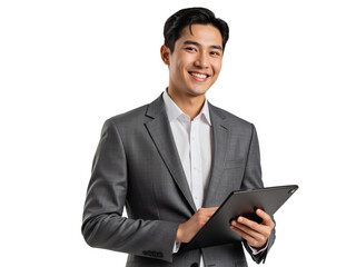 Business portrait isolated on white transparent background: A smiling Asian man in a grey suit and white shirt confidently holds a tablet while looking directly at the viewer.