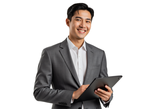 Business portrait isolated on white transparent background: A smiling Asian man in a grey suit and white shirt confidently holds a tablet while looking directly at the viewer.