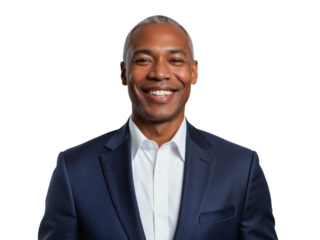 Business portrait isolated on white transparent background: A confident, mature Black man smiles genuinely at the camera, wearing a crisp white shirt and a navy blue suit jacket against a clean whit