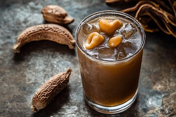 A tangy tamarind summer drink in a frosted glass, with rustic styling and tamarind pods nearby