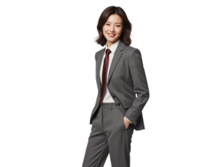 Business portrait isolated on white transparent background: A confident Asian woman in a gray suit and red tie smiles directly at the camera, exuding professionalism and authority.