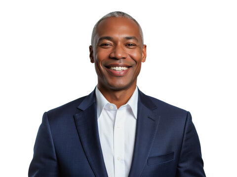 Business portrait isolated on white transparent background: A confident, mature Black man smiles genuinely at the camera, wearing a crisp white shirt and a navy blue suit jacket against a clean whit
