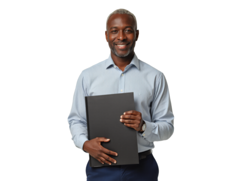 Business portrait isolated on white transparent background: A smiling, mature Black man in a light blue button-down shirt holds a black portfolio against a plain white background.
