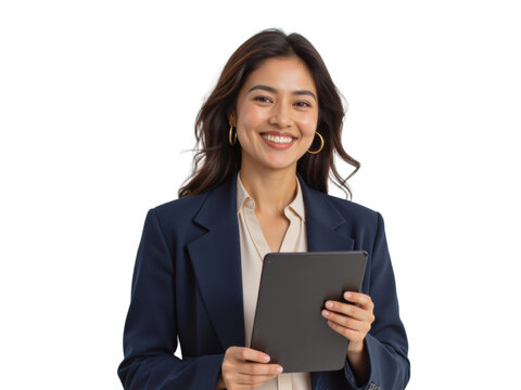 Business portrait isolated on white transparent background: A smiling Asian woman in a navy blazer and cream blouse confidently holds a tablet against a plain white background.
