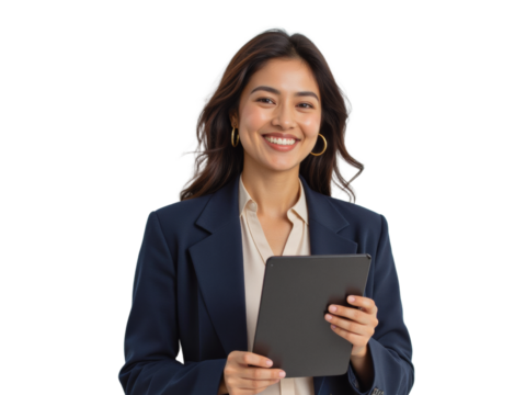 Business portrait isolated on white transparent background: A smiling Asian woman in a navy blazer and cream blouse confidently holds a tablet against a plain white background.