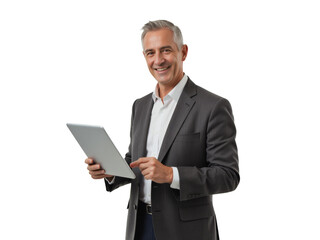 Business portrait isolated on white transparent background: A mature man in a gray suit and white shirt confidently presents a tablet while smiling directly at the viewer against a clean white backg