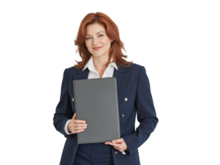 Business portrait isolated on white transparent background: A confident businesswoman with auburn hair smiles warmly while holding a black portfolio against a neutral background.