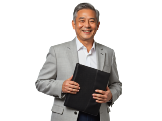 Business portrait isolated on white transparent background: A smiling Asian man in a gray suit and white shirt confidently holds a black portfolio against a white background.