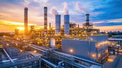 Industrial Power Plant at Sunset with Vapor Emissions and Pipes