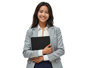 Business portrait isolated on white transparent background: A smiling Asian woman in a gray blazer and white shirt confidently holds a black portfolio while looking directly at the camera.