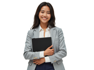 Business portrait isolated on white transparent background: A smiling Asian woman in a gray blazer and white shirt confidently holds a black portfolio while looking directly at the camera.