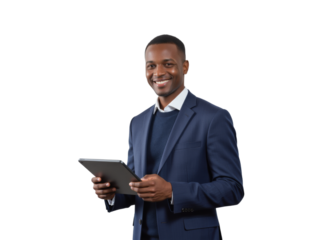 Business portrait isolated on white transparent background: A smiling Black businessman in a navy suit and sweater holds a tablet, conveying confidence and professionalism against a plain white back