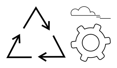 Recycling arrows form a triangular cycle, paired with a gear and cloud. Ideal for eco-friendly solutions, renewable energy, process optimization, innovation, circular economy, teamwork, flat simple