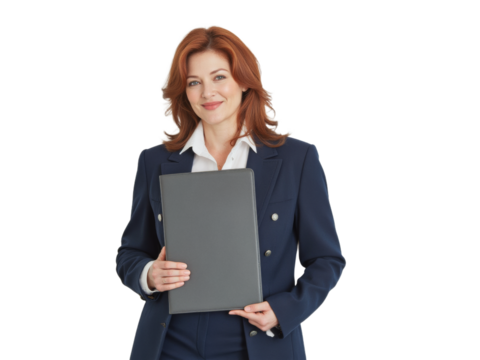 Business portrait isolated on white transparent background: A confident businesswoman with auburn hair smiles warmly while holding a black portfolio against a neutral background. - Powered by Adobe