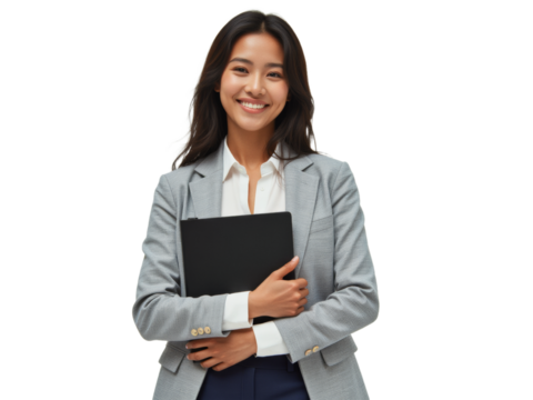Business portrait isolated on white transparent background: A smiling Asian woman in a gray blazer and white shirt confidently holds a black portfolio while looking directly at the camera.