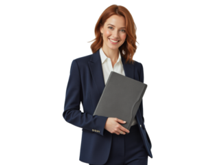 Business portrait isolated on white transparent background: A confident businesswoman with auburn hair smiles warmly while holding a tablet and wearing a navy blue suit.