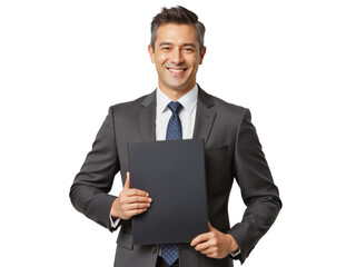 Business portrait isolated on white transparent background: A smiling Asian man in a dark suit and tie confidently holds a black folder, presenting a professional and approachable demeanor.
