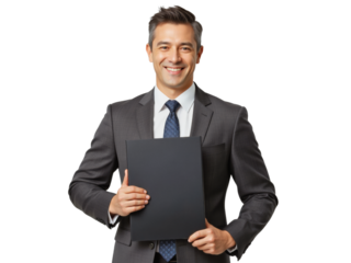 Business portrait isolated on white transparent background: A smiling Asian man in a dark suit and tie confidently holds a black folder, presenting a professional and approachable demeanor.