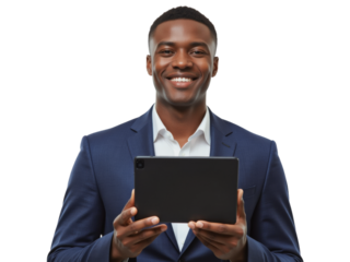 Business portrait isolated on white transparent background: A smiling Black man in a navy suit holds a tablet, looking directly at the viewer with confidence.