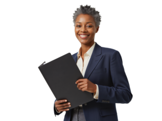 Business portrait isolated on white transparent background: A confident Black woman with a stylishly cropped hairstyle smiles directly at the camera while holding a black clipboard and wearing a pro