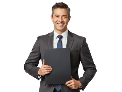 Business portrait isolated on white transparent background: A smiling Asian man in a dark suit and tie confidently holds a black folder, presenting a professional and approachable demeanor.