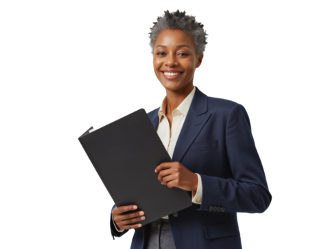 Business portrait isolated on white transparent background: A confident Black woman with a stylishly cropped hairstyle smiles directly at the camera while holding a black clipboard and wearing a pro