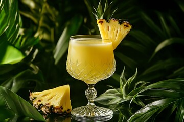 A tropical pineapple juice served in a frosted glass with pineapple wedges and tropical leaves nearby