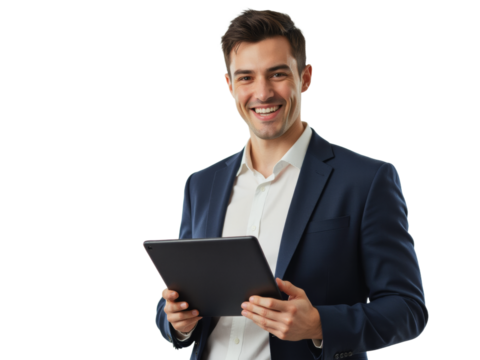 Business portrait isolated on white transparent background: A smiling businessman in a navy suit and white shirt confidently holds a tablet while looking directly at the viewer against a plain white