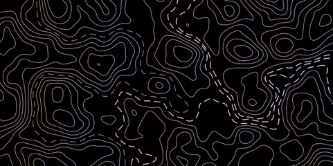 Abstract Glowing Contour Lines on Dark Background. Digital Elevation Map with Neon Light Effect. Dark Abstract Background with Colorful Topo Lines