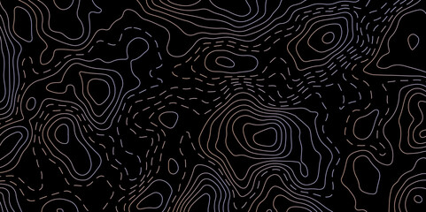 Abstract Glowing Contour Lines on Dark Background. Digital Elevation Map with Neon Light Effect. Dark Abstract Background with Colorful Topo Lines