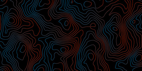 Fototapeta premium Abstract Glowing Contour Lines on Dark Background. Digital Elevation Map with Neon Light Effect. Dark Abstract Background with Colorful Topo Lines