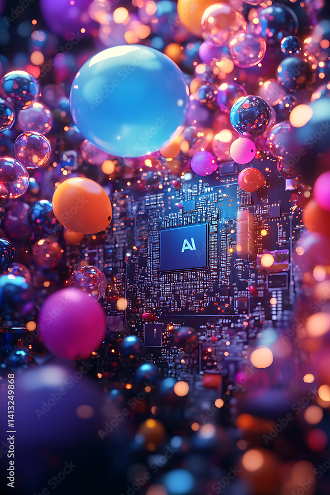 Poster new chip from ai is surrounded by colorful balloons and bubbles, creating vibrant and dynamic atmosp