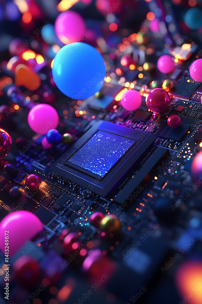 Poster new chip from ai is surrounded by colorful balloons, creating vibrant and playful atmosphere that hi