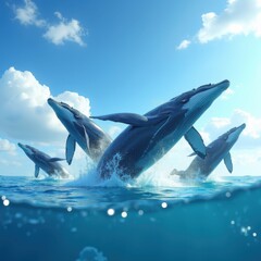 Fototapeta premium whales breaching clear blue ocean landscape under bright sky majestic marine scene, mammal, sea, water, splash, deepset, surface, fluke, tail, fin, swim