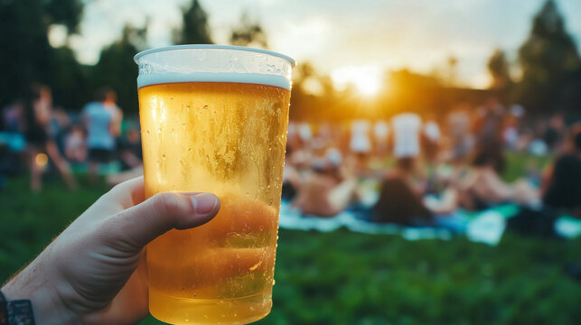Hand with plastic cup filled with cold beer, condensation dripping, festival-goers spread out on picnic blankets in lush green field