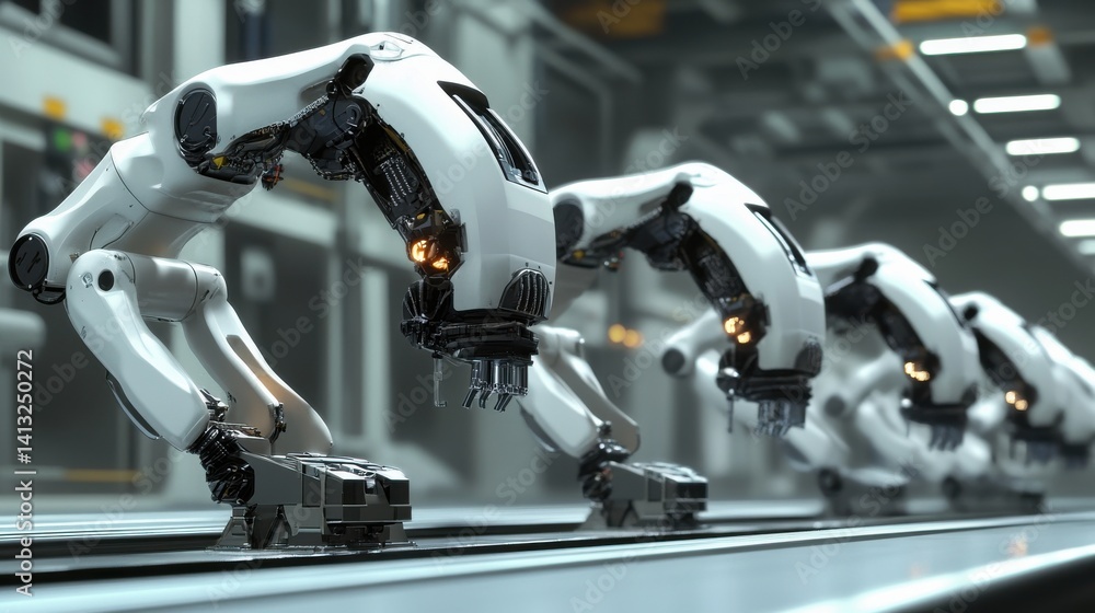 Poster industrial robot arms working in a modern automated assembly line
