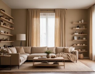 Cozy neutral-toned living room with a spacious sofa, natural light, and minimalist decor.