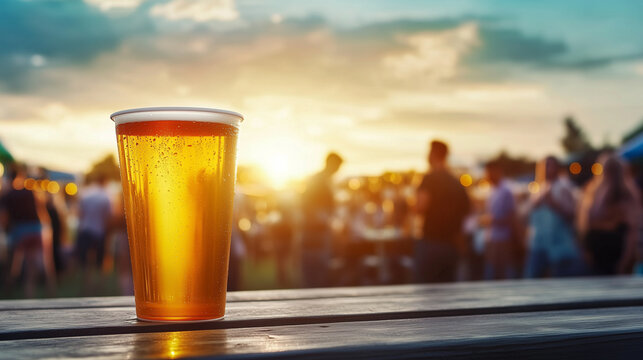 Golden beer in plastic cup captured against glowing festival horizon, laughter and music echo in joyful background