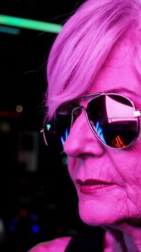 Senior woman with white hair wearing neon sunglasses under colorful lights at night