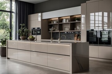 A modern minimalist kitchen with integrated appliances and a large island