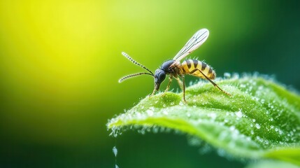 Fototapeta premium Close-up of Insect on Leaf with Dew Drops and Soft Background