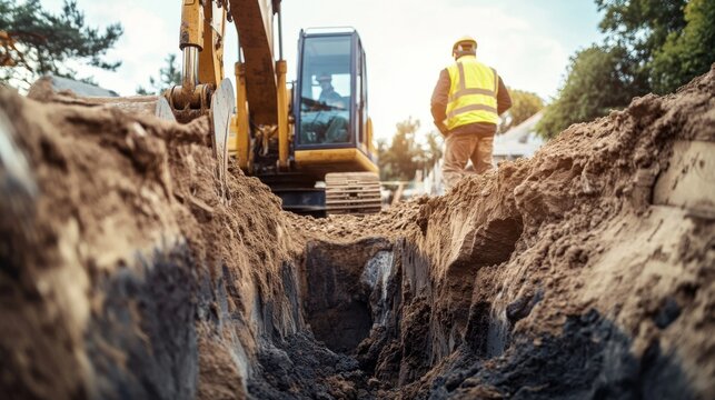 Construction worker operating an excavator to dig a foundation trench. Featuring strength and precision